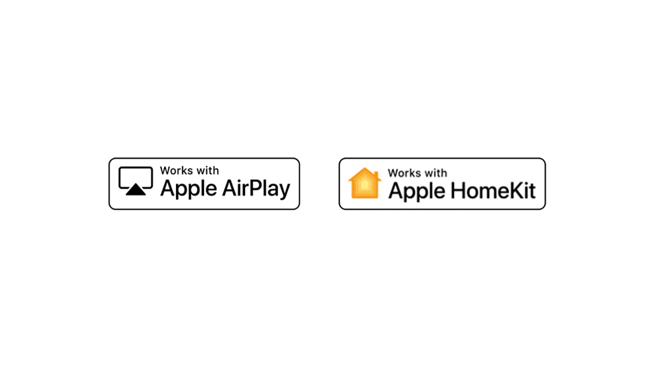 Détails montrant les logos d’Apple Airplay et Apple HomeKit avec lesquels ThinQ AI est compatible.