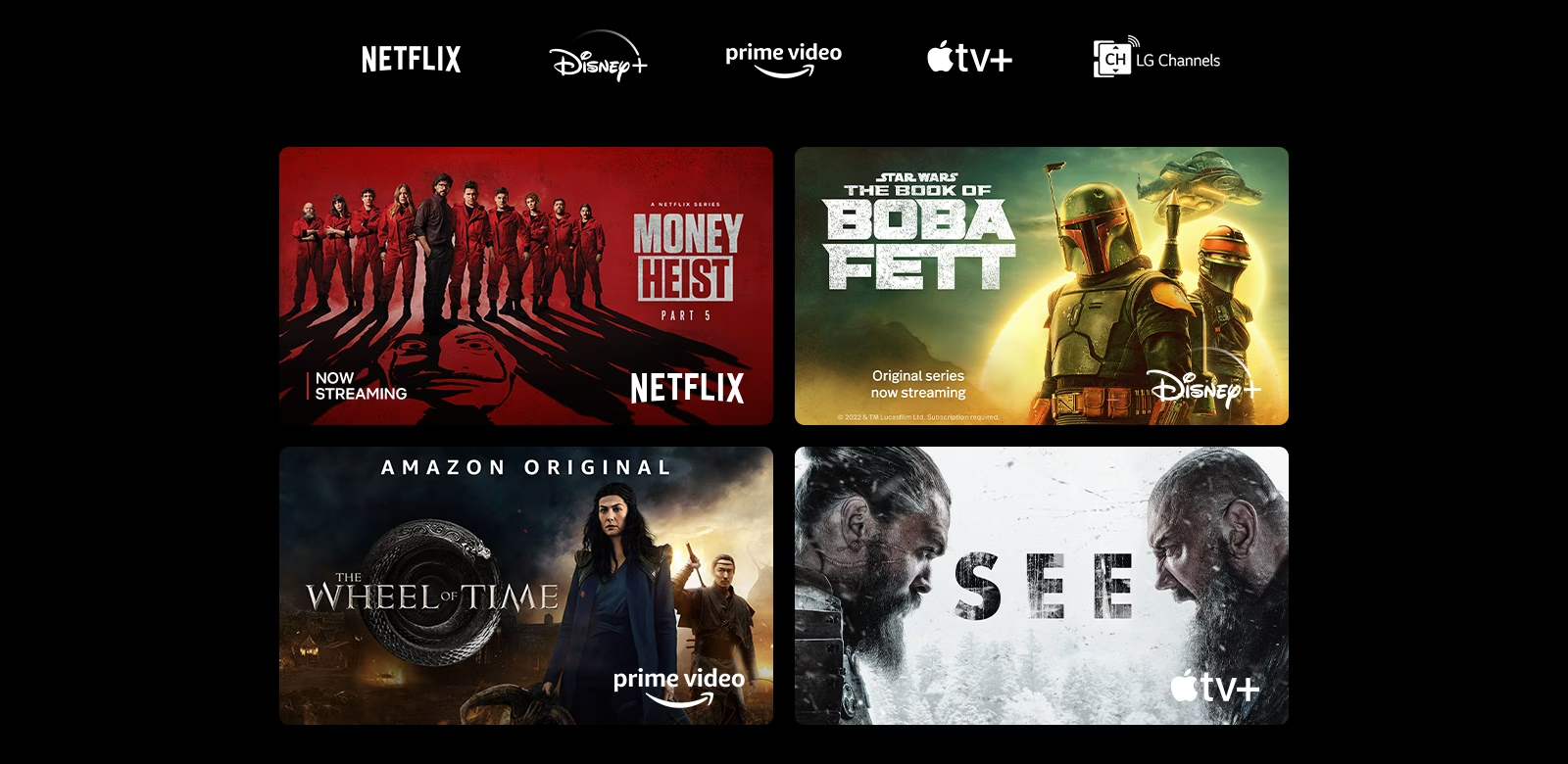 Un poster de Money Heist de Netflix, The Book of Boba Fett de Disney Plus, The Wheel of Time de Prime Video, See d’Apple TV Plus. 