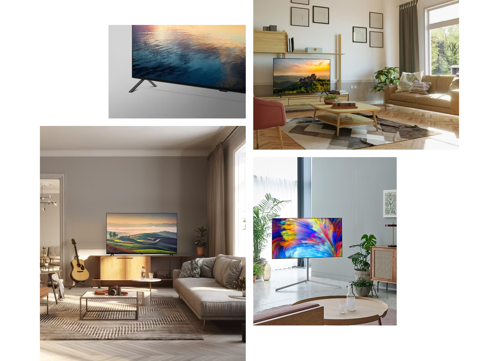 Vue latérale des pieds de base du LG OLED A2.  Un téléviseur LG OLED A2 est posé sur un meuble TV en bois dans un salon neutre à l’intérieur duquel sont disposés des plantes et des livres. Un téléviseur LG OLED A2 doté d’un pied Gallery se trouve dans le coin d’une pièce de couleur menthe avec plusieurs plantes. Un téléviseur LG OLED A2 est posé sur un meuble TV en bois dans un salon neutre à l’intérieur duquel sont disposés une guitare, un appareil photo et des plantes.