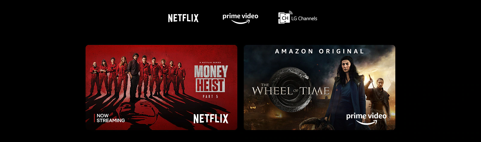 Un poster de Money Heist de Netflix, The Book of Boba Fett de Disney Plus, The Wheel of Time de Prime Video, vu à partir d’Apple TV Plus et Insecure de HBO Max. 