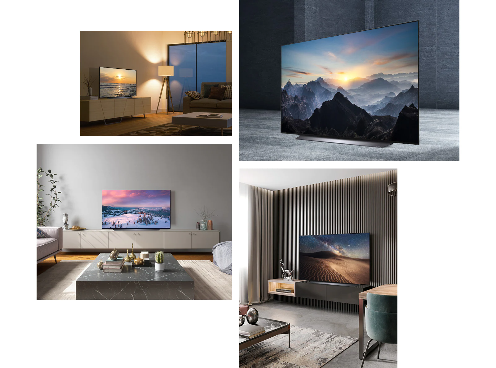 Une scène nocturne de LG OLED CS sur une armoire dans une pièce à l’éclairage chaleureux.  Une vue de côté du LG OLED CS dans un espace tout gris avec une image de montagnes à l’écran.  Un LG OLED CS dans un salon aux teintes brunes décoré avec élégance.  Un LG OLED CS dans une pièce lumineuse et spacieuse avec des cactus, des plantes et des décorations.