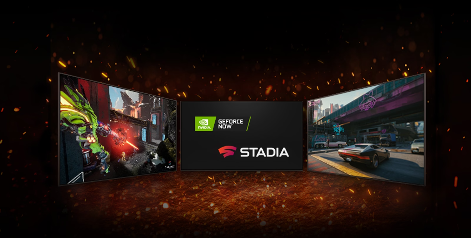 Trois téléviseurs sont affichés. Au milieu, l’écran affiche deux logos en – le logo de NVIDIA GeFORCE NOW et celui de STADIA. Le téléviseur de gauche montre Splitgate et celle de droite Cyberpunk 2077.  