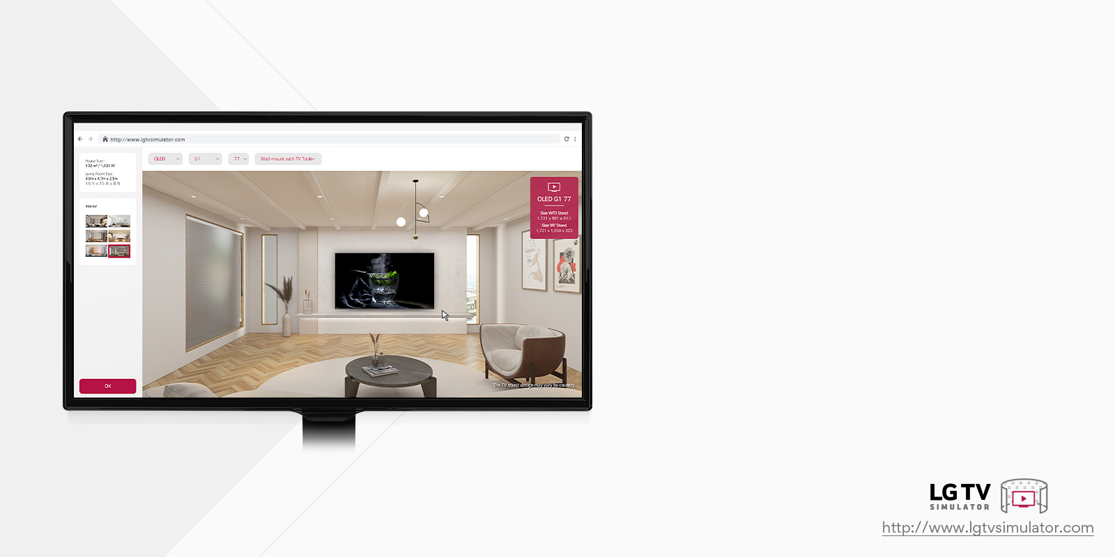Ceci est une image explicative d’un simulateur qui vous permet de placer tous les modèles de téléviseurs LG dans un espace virtuel.