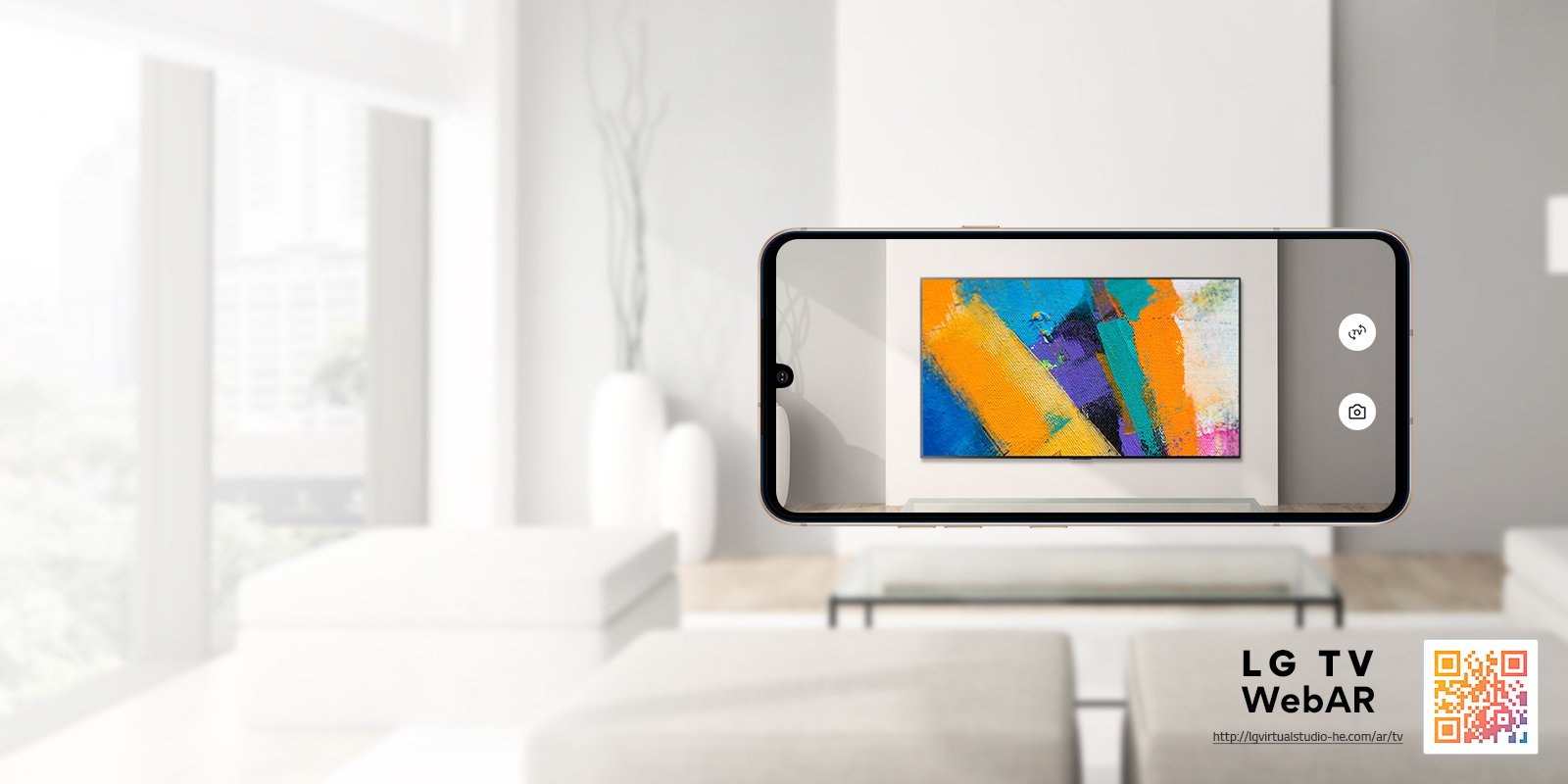 Ceci est une simulation Web AR des images du téléviseur LG OLED. Des images d’un téléphone portable se superposent dans un espace minimaliste. Il y a un code QR en bas à droite.