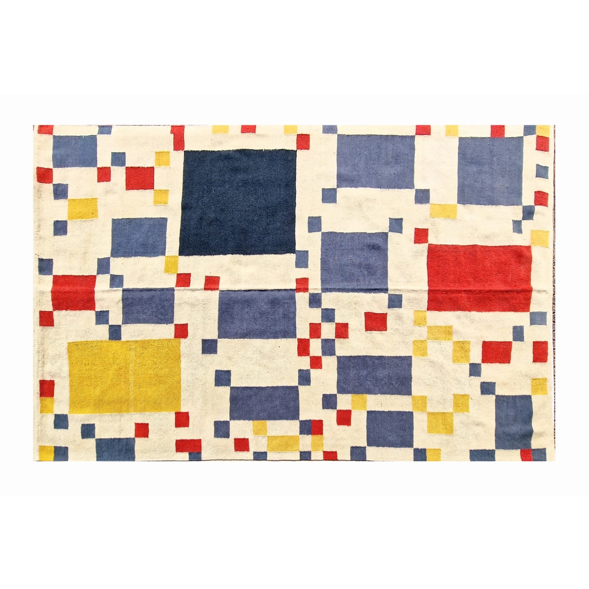 Tapis Piet Mondrian "Homage to Victory Boogie-Woogie", tapisserie artistique en laine tissée main, motifs géométriques rouges, jaunes et bleus sur fond blanc.
