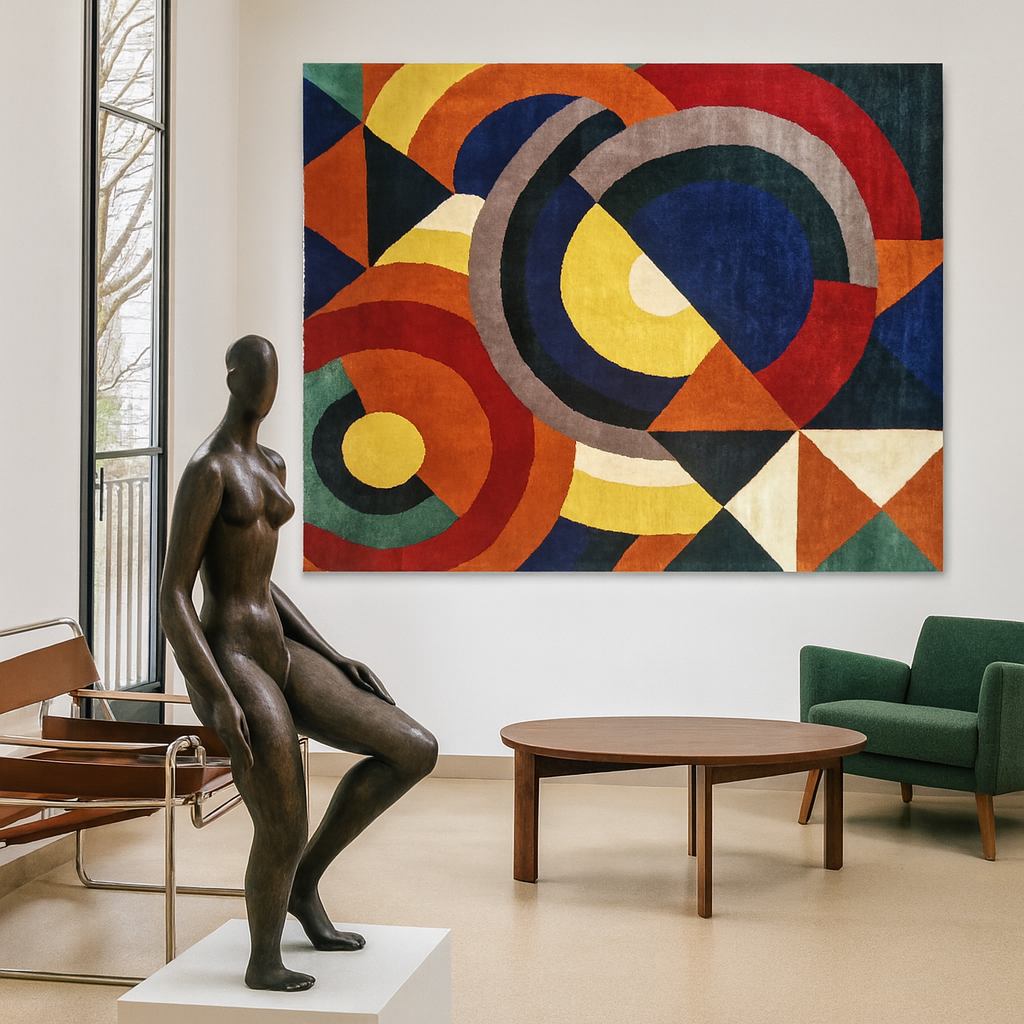 Tapis Sonia Delaunay composition géométrique face 200x260 cm, noué à la main en laine, velours coloré, galerie Tapis Natural