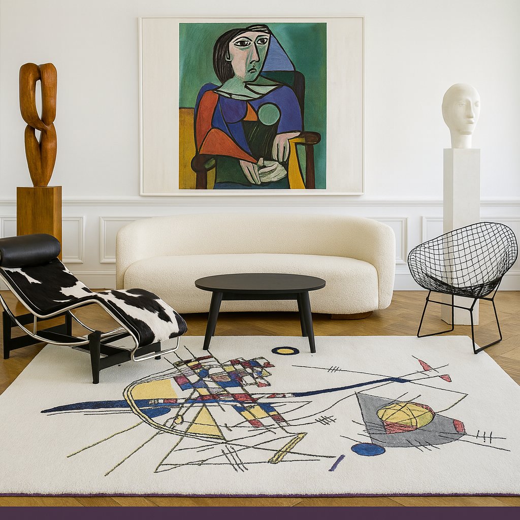Mise en situation du tapis “Delicate Tension” d’après Kandinsky dans un salon moderne design.