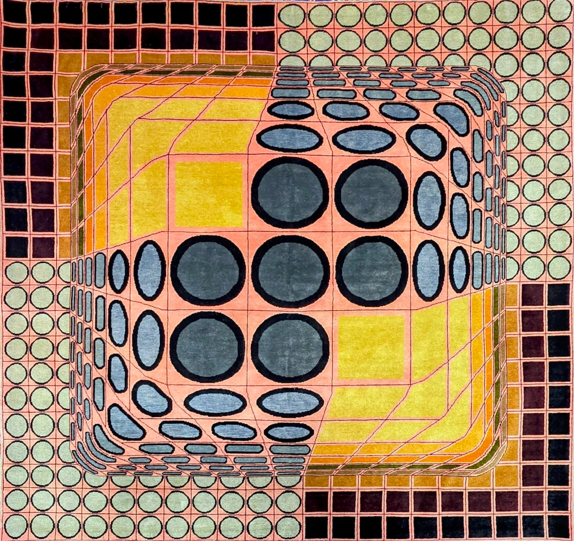 Tapis d’après Victor Vasarely JENGE CA XXe noué à la main en laine sur coton dimensions 225 x 225 cm