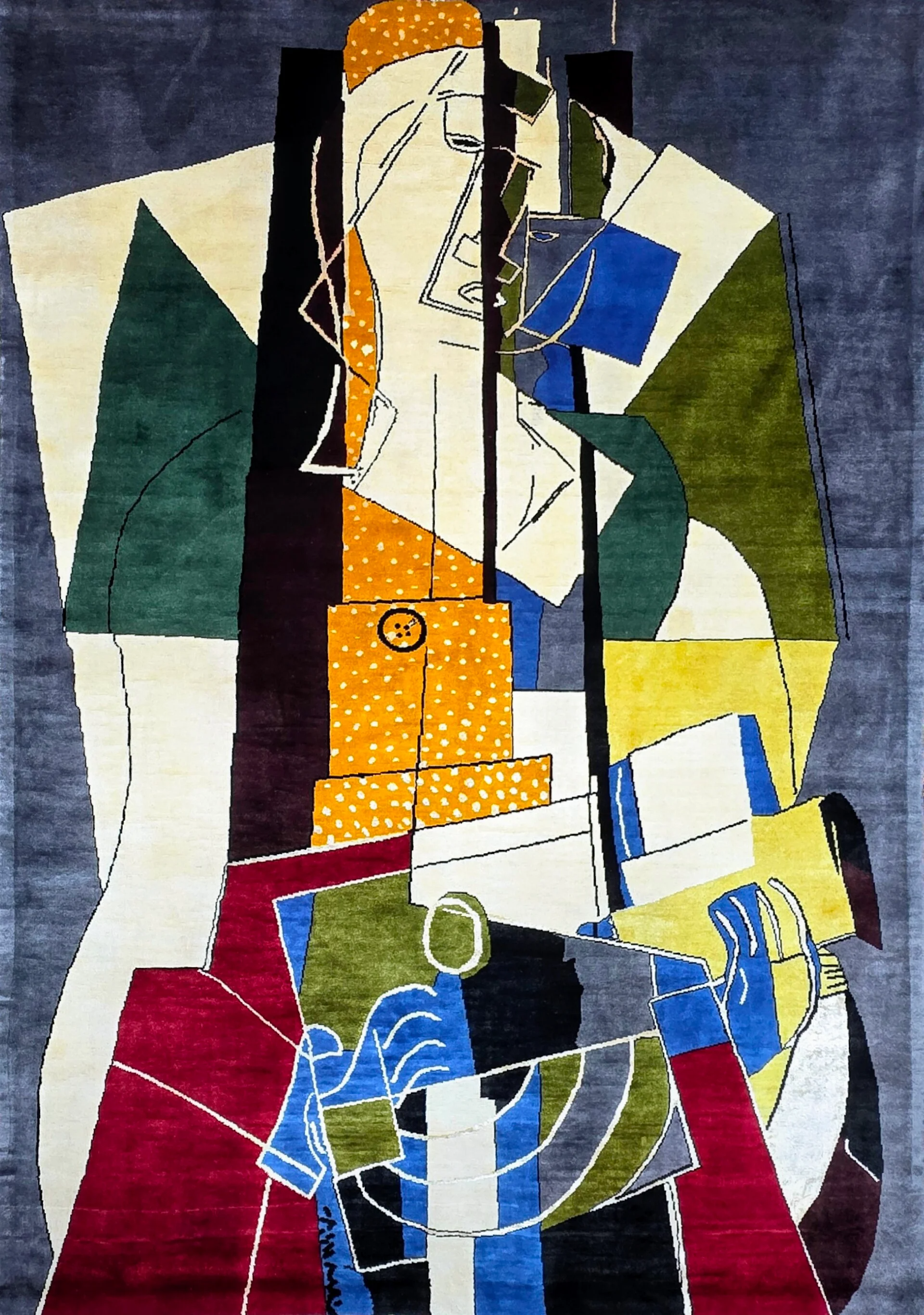 Tapis d’après Georges Braque La Joueuse de mandoline XXe noué à la main en laine sur coton dimensions 260 x 190 cm