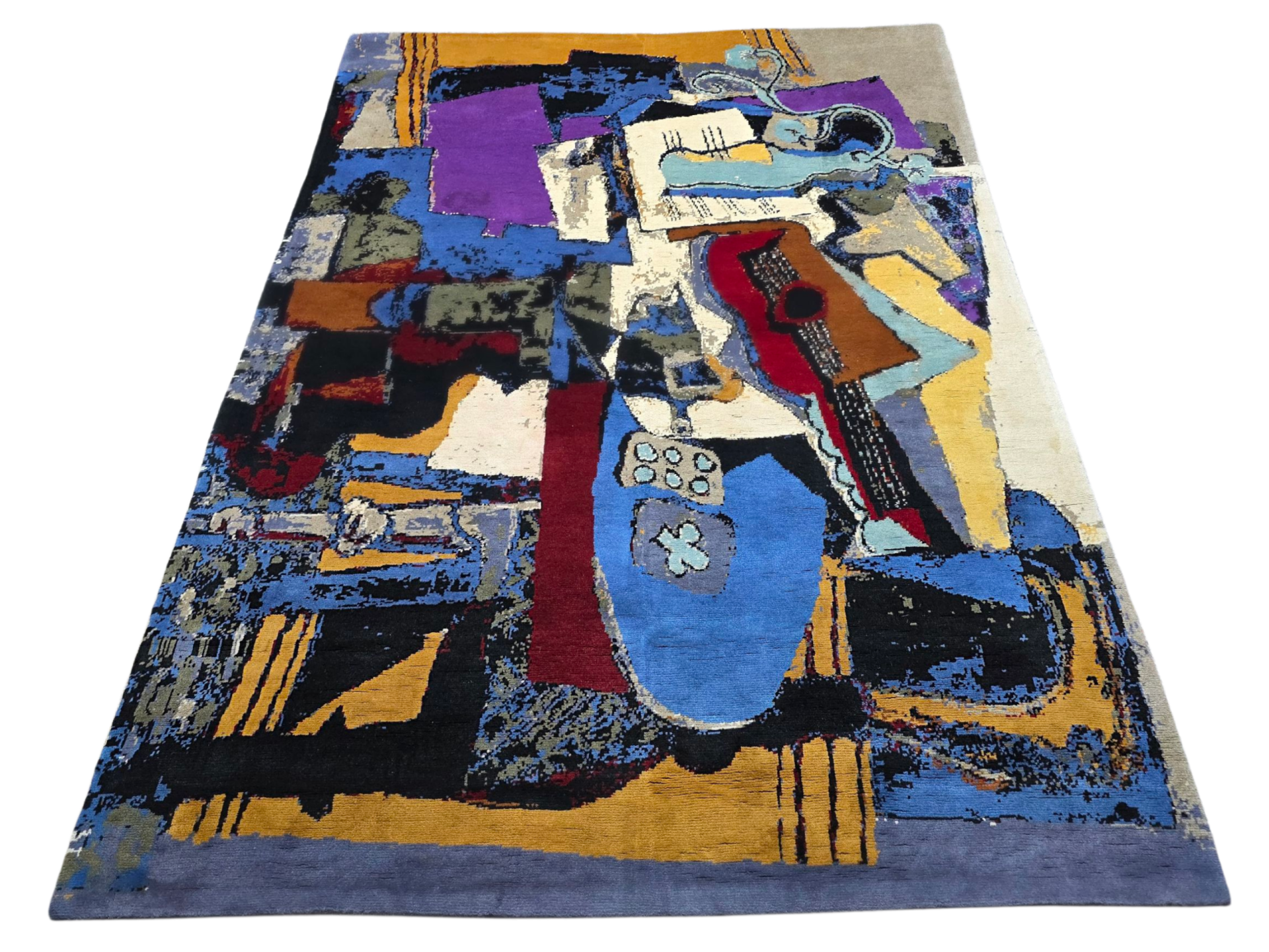 Tapis inspiré Pablo Picasso guitare noué à la main en laine sur coton dimensions 260 x 190 cm