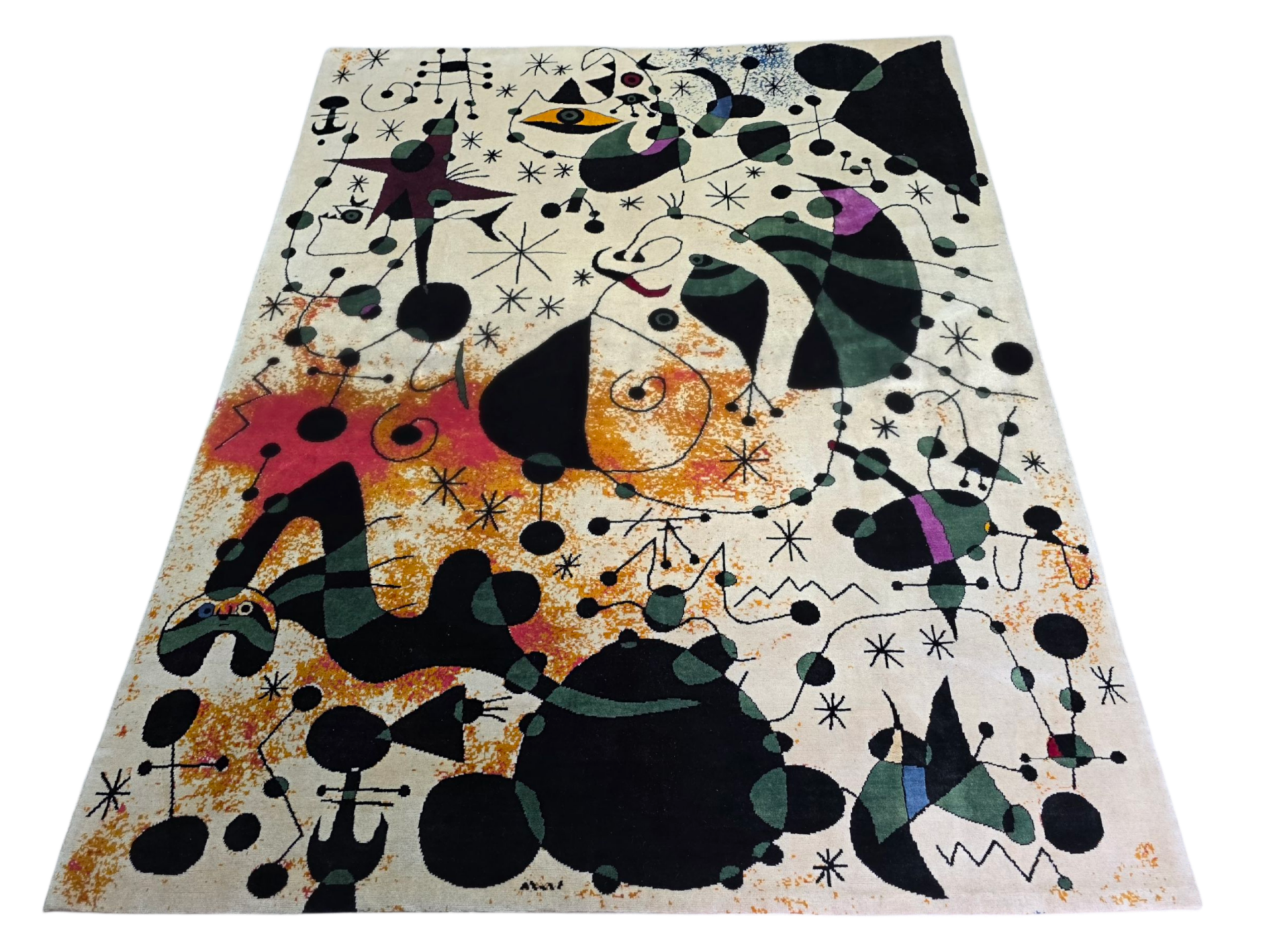 Tapis Joan Miró Le Passage de l’Oiseau Divin noué à la main en laine sur coton dimensions 260 x 190 cm 102 x 75 in
