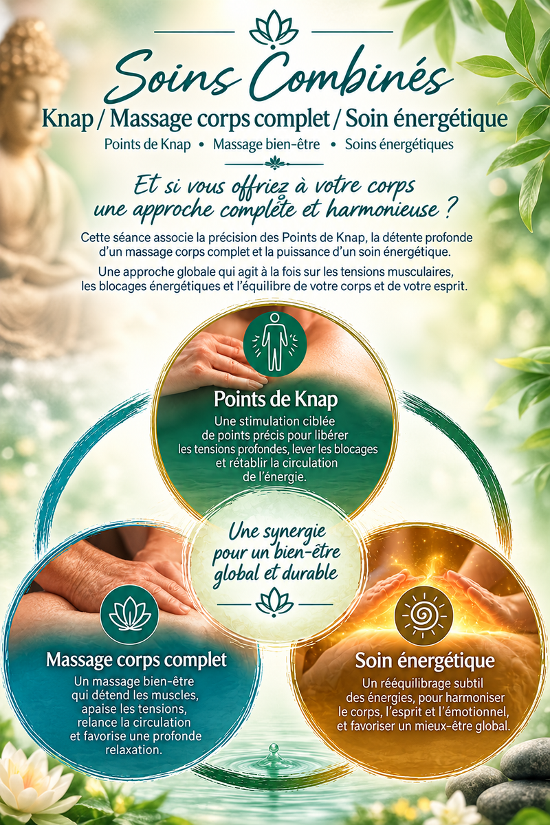 Soins Combinés KNAP, MASSAGE COMPLET DU CORPS, SOIN ENERGETIQUE. Tarif : 110 euros