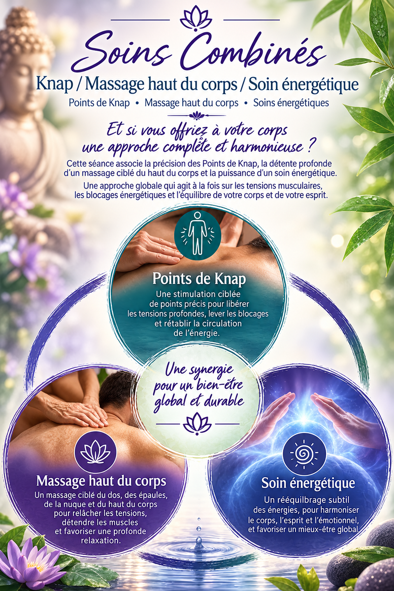 Soins Combinés KNAP, Massage Dos/Ventre/Nuque/Crâne, Soin énergétique. Tarif : 90 euros