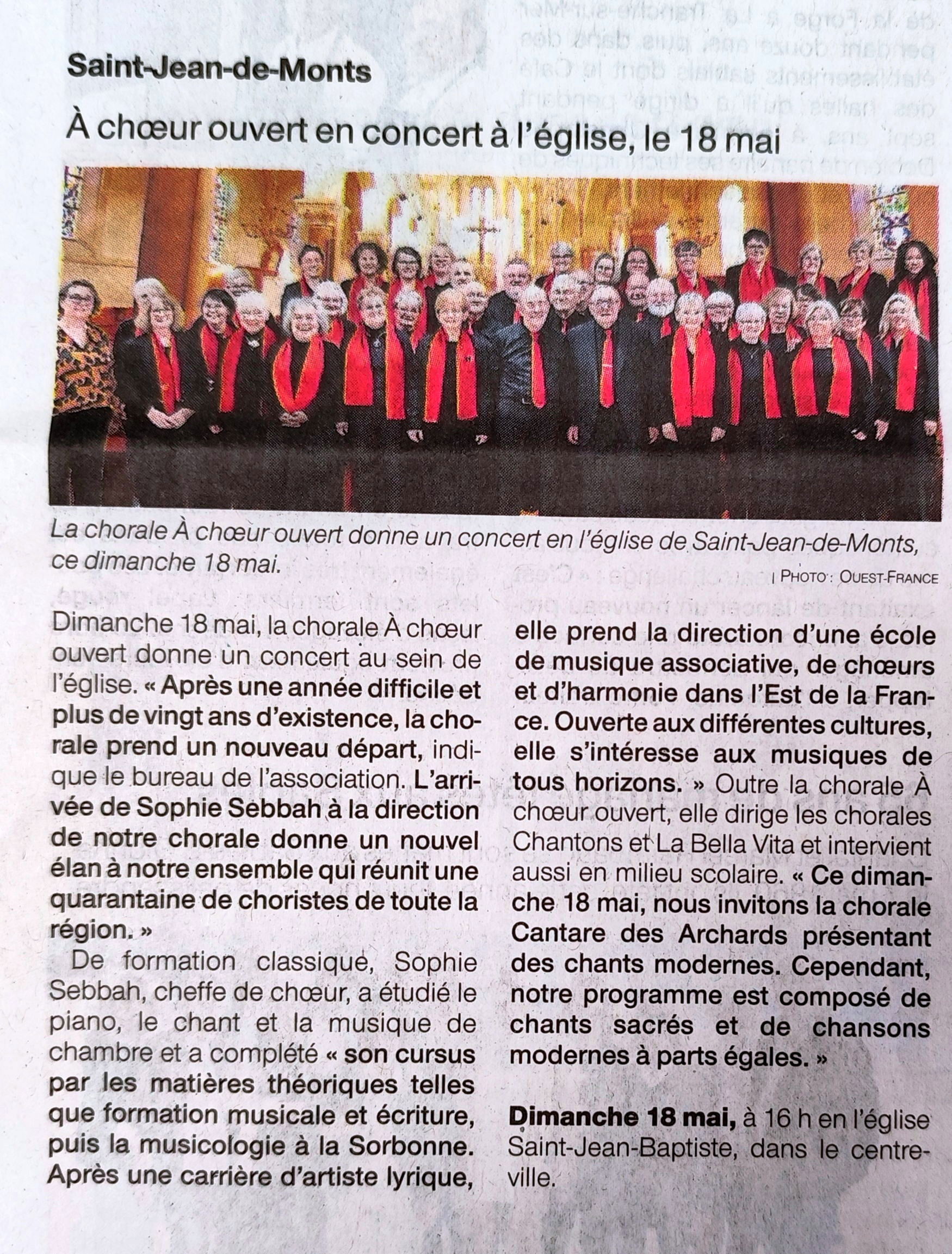 Article de West France pour le concert  du 18 mai 2025 à St Jean de Monts