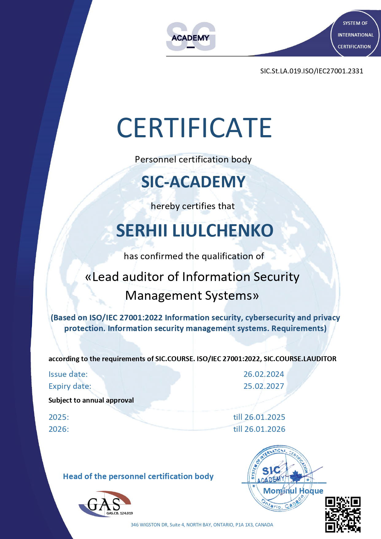 Lead auditor of Information Security Management Systems