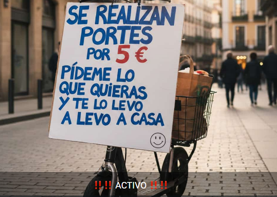 se realizan portes ( pidame ) "comida" "cualquier cosa" y no tienes ganas de salir de casa. te lo llevo por 5 euros . llame al674-41-68-87