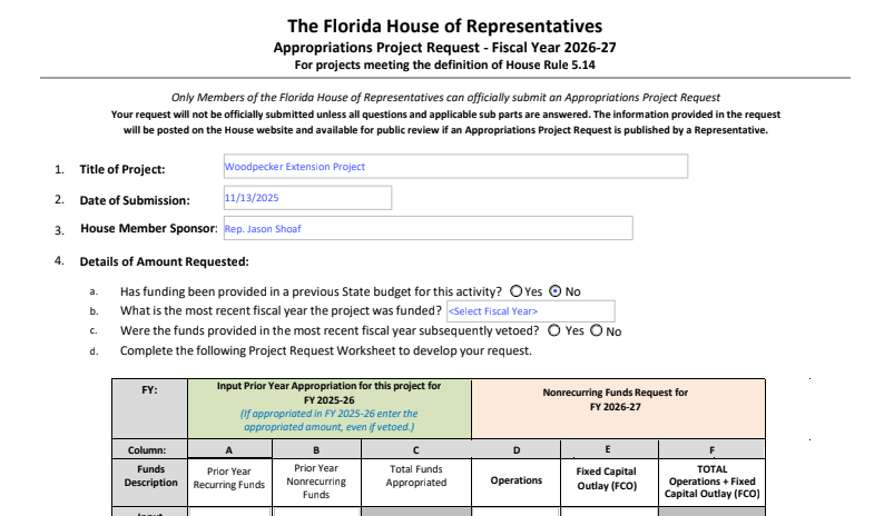 House Appropriations Project Request