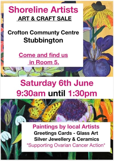 Our Affordable Art Sale is now booked and all our artists are busy getting the collection together. For the first time we will be exhibiting in Stubbington at the Crofton community Centre. Alongside our colourful artwork we will also have Fused glass art, silver jewellery and pottery. Artist cards and plants available.