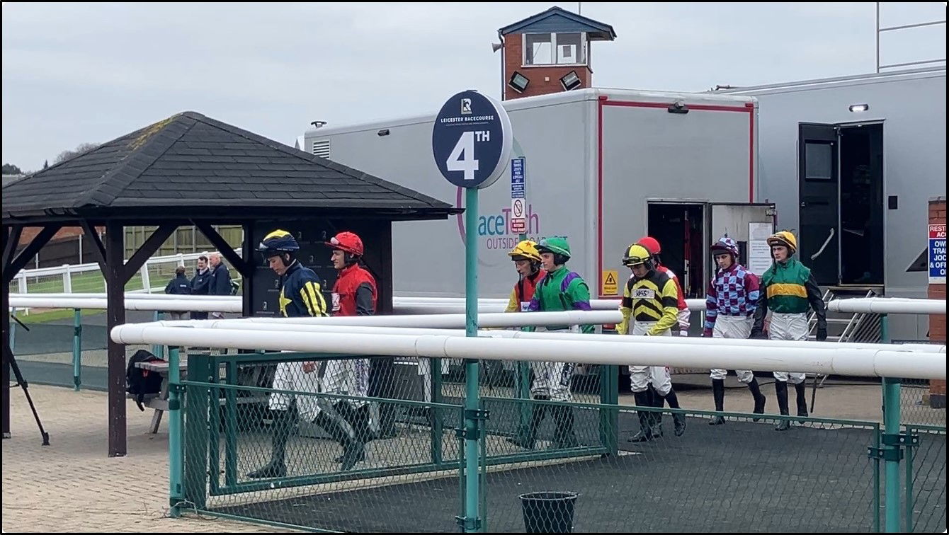 The Jockeys on their way to the Parade Ring. Leicester Racecourse. 13th Feb 2025