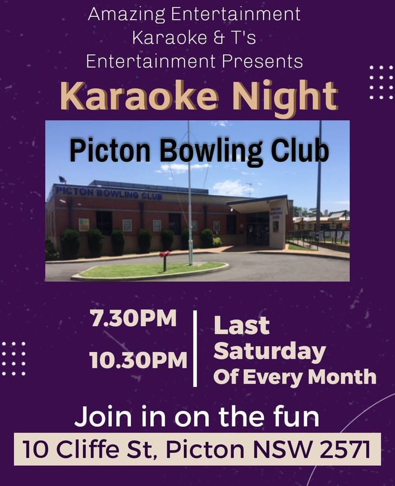 Picton Bowling Club Lst Sat mnth Karaoke/DJ 7.30pm
