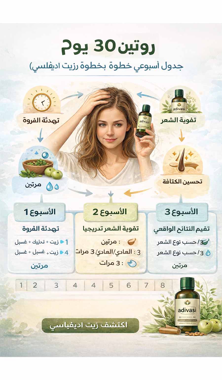 روتين 30 يوم لتقليل تساقط الشعر: جدول أسبوعي خطوة بخطوة (مع زيت أديفاسي)