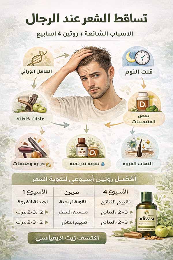 تساقط الشعر عند الرجال: الأسباب الشائعة + أفضل روتين لتقوية الشعر وخط المقدمة