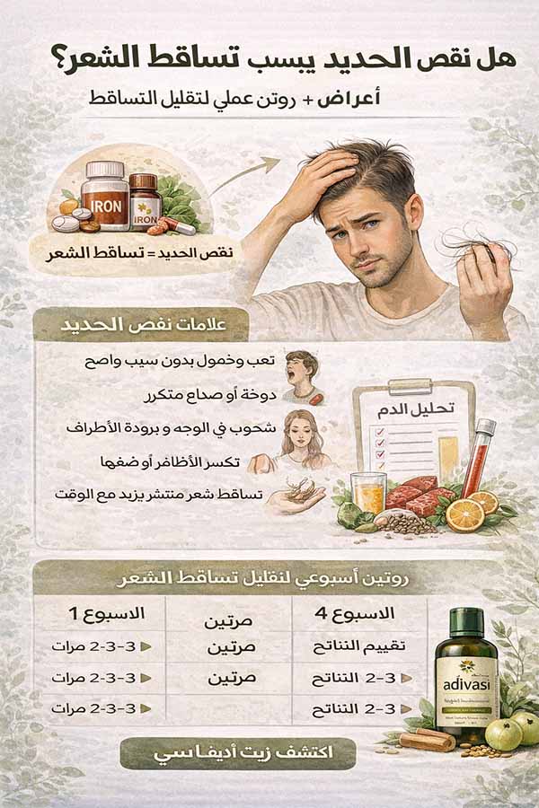 هل نقص الحديد يسبب تساقط الشعر؟ الأعراض + أفضل روتين عملي لتقليل التساقط