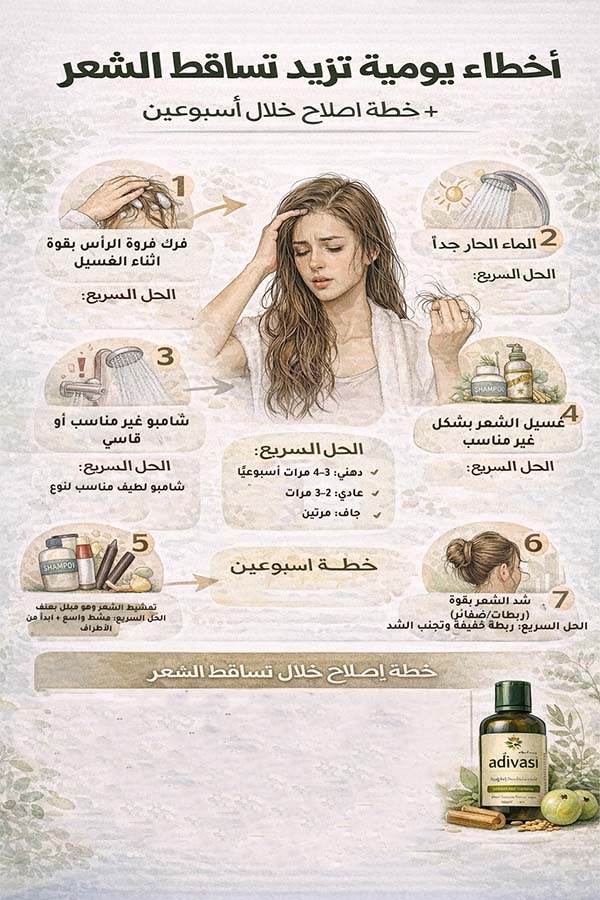 أخطاء يومية تسبب تساقط الشعر (وتمنع أي نتيجة) + كيف تصلحها خلال أسبوعين