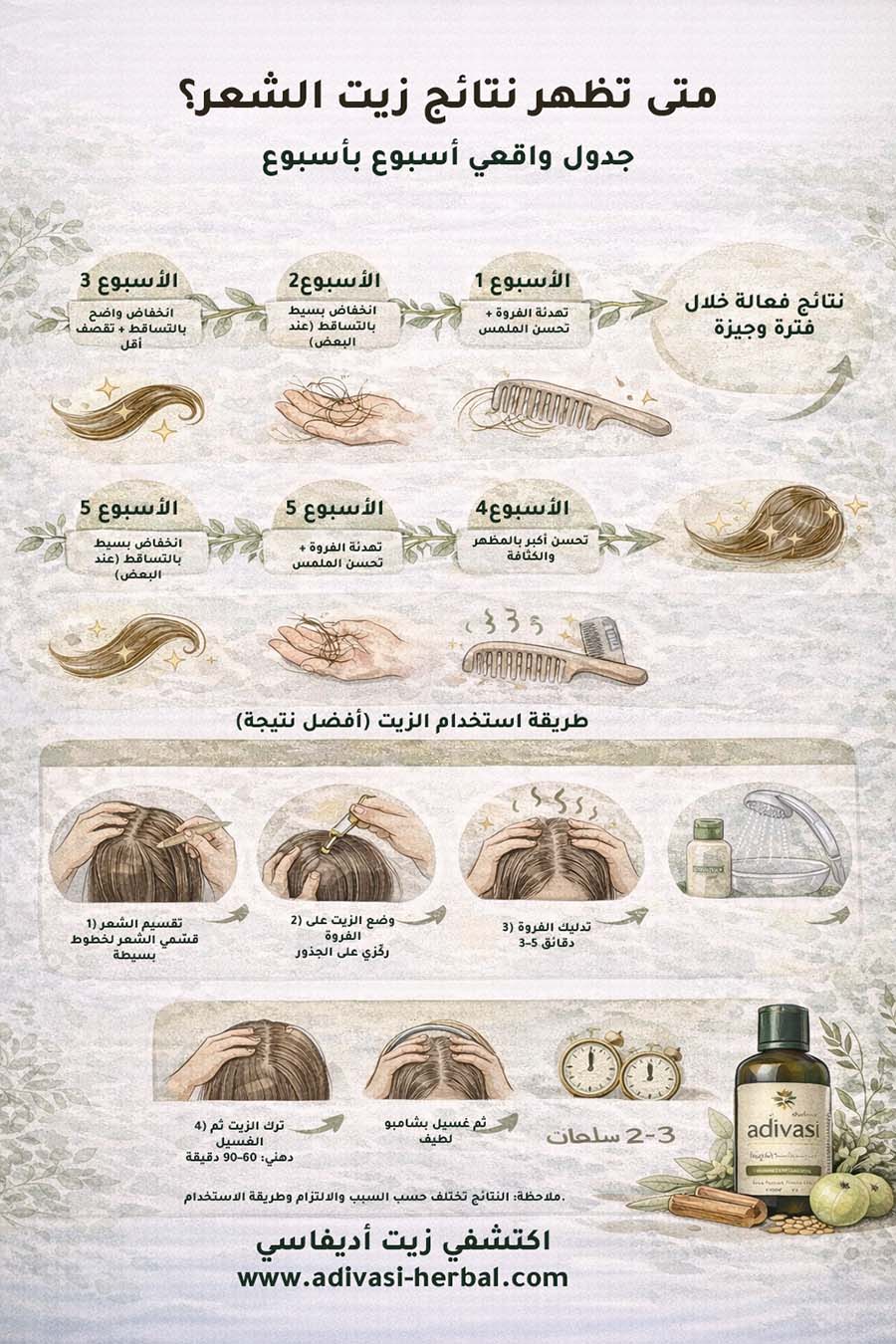 متى تظهر نتائج زيت الشعر؟ جدول واقعي أسبوعًا بأسبوع (مع روتين واضح)