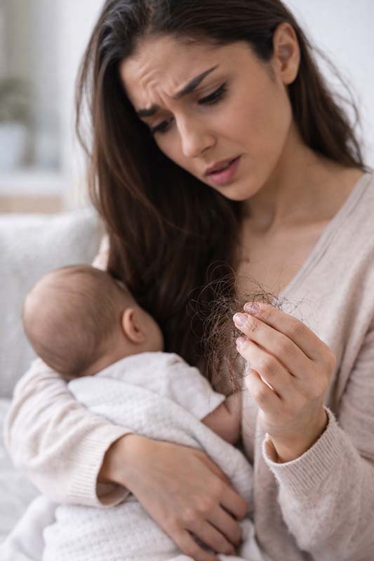 تساقط الشعر بعد الولادة: لماذا يحدث؟ ومتى يتوقف؟ + روتين آمن يدعم الشعر