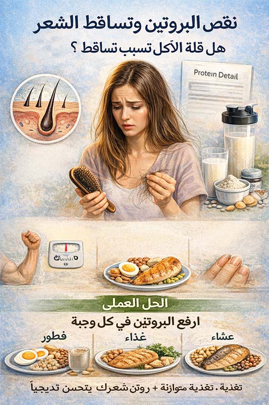نقص البروتين وتساقط الشعر: هل قلة الأكل تسبب تساقط؟ العلامات + الحل العملي