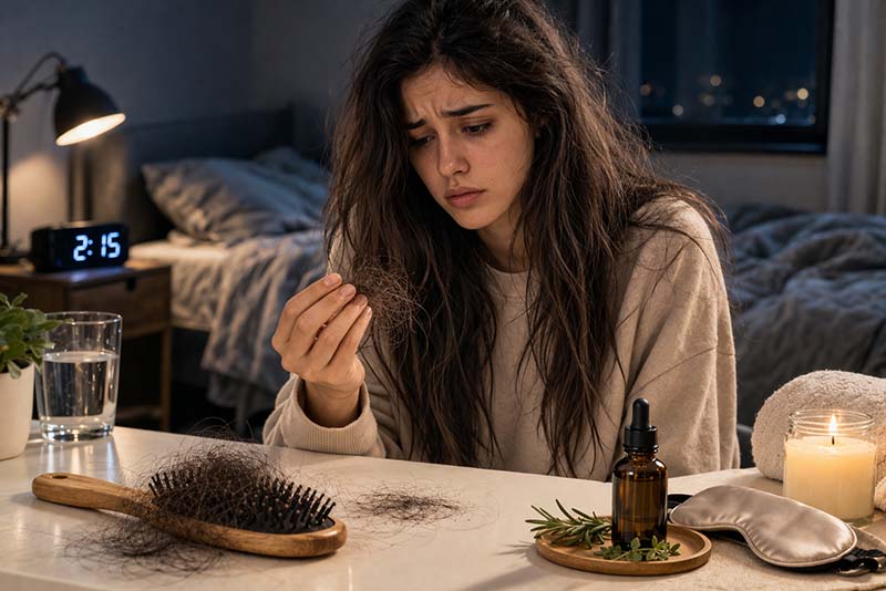 قلة النوم وتساقط الشعر: هل السهر يضعف الشعر؟ العلامات + خطة 14 يوم لتحسين الوضع