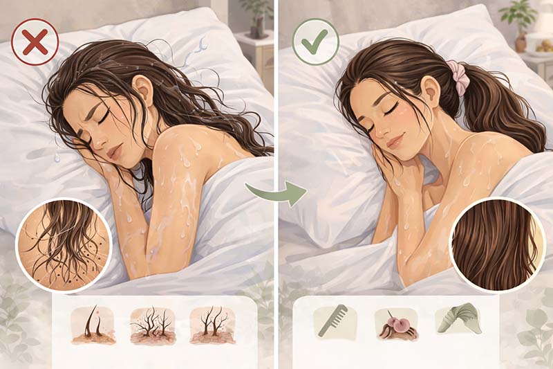 هل النوم والشعر مبلل يضر الشعر؟ الحقيقة الكاملة