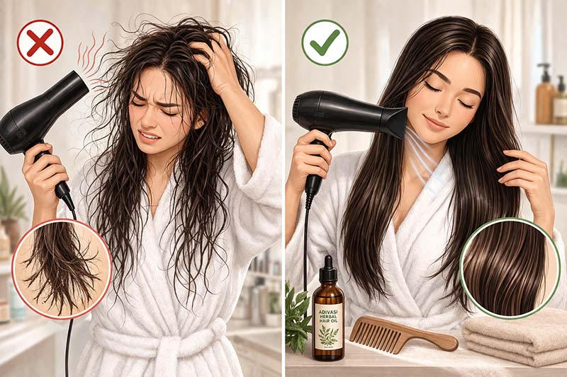 هل استخدام السشوار مباشرة بعد الغسل يضر الشعر؟ الحقيقة الكاملة