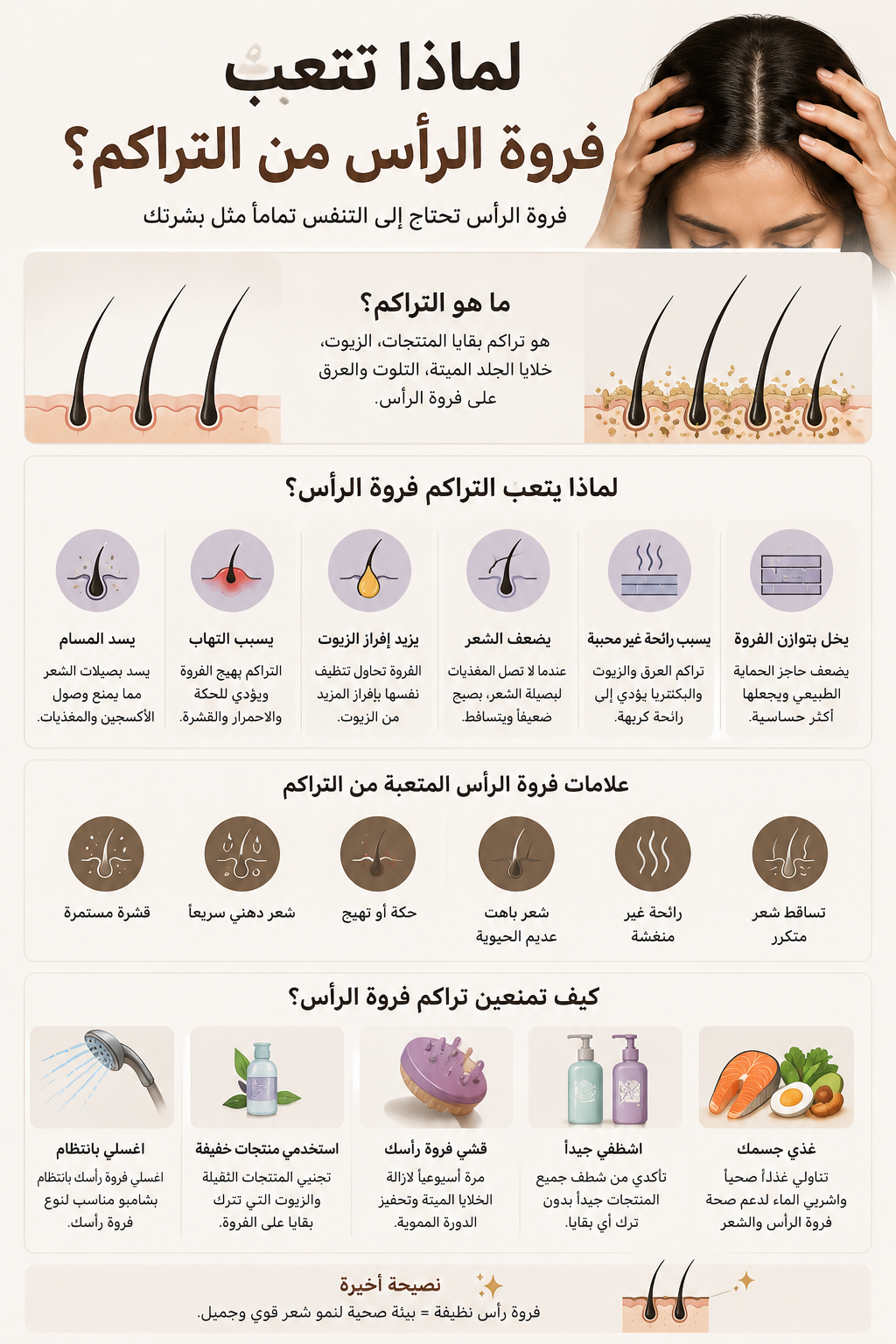 Why does the scalp get tired from buildup?