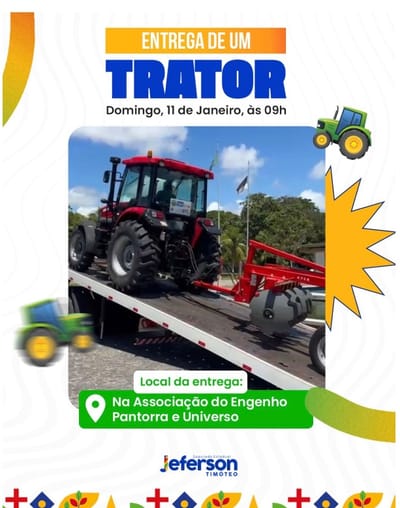 Deputado Jeferson Timóteo anuncia entrega de trator para fortalecer agricultura da Zona Rural do Cabo