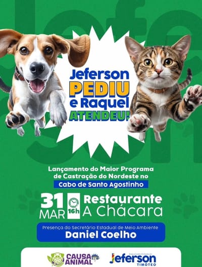 Promessa feita é compromisso cumprido: Cabo de Santo Agostinho receberá o maior programa de castração do nordeste