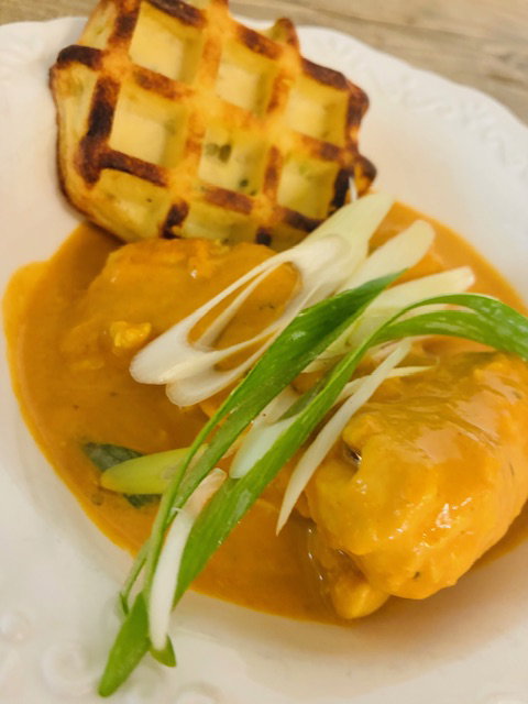Poulet Tikka Massala, gaufre liégeoise de pomme de terre