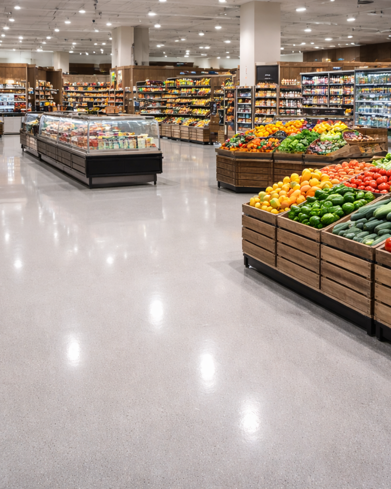 Para supermercados, o revestimento monolítico garante alta resistência ao tráfego intenso, fácil limpeza e um ambiente mais seguro e higiênico.