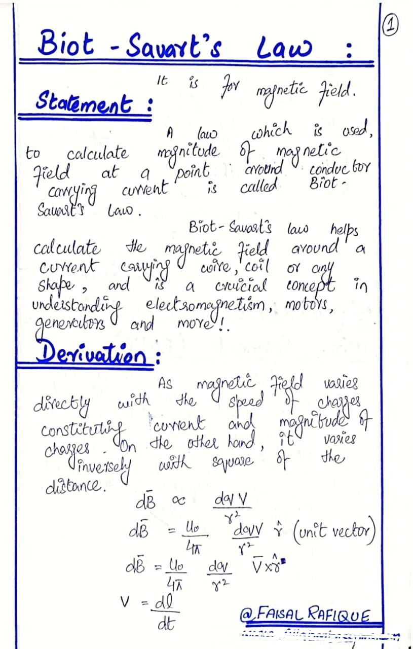 biot-savart law, all about css pms, css pms notes, css physics notes, faisal rafique css notes, magnetic field phyiscs, magnetic field due to a straight wire segment, phyiscs notes, fsc physics notes, 12 physics notes, bsc physics css notes, bsc  physics notes, Halliday  Resnick, Krane, CSSnotes