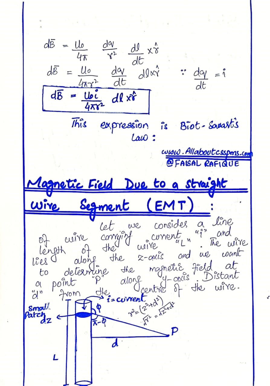 biot-savart law, all about css pms, css pms notes, css physics notes, faisal rafique css notes, magnetic field phyiscs, magnetic field due to a straight wire segment, phyiscs notes, fsc physics notes, 12 physics notes, bsc physics css notes, bsc  physics notes, Halliday  Resnick, Krane, CSSnotes