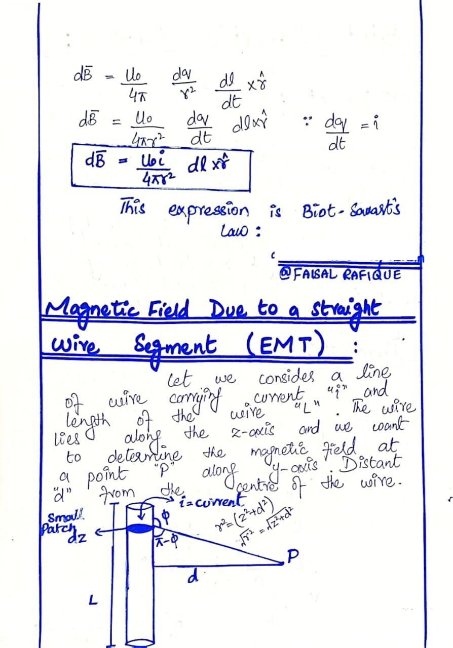 biot-savart law, all about css pms, css pms notes, css physics notes, faisal rafique css notes, magnetic field phyiscs, magnetic field due to a straight wire segment, phyiscs notes, fsc physics notes, 12 physics notes, bsc physics css notes, bsc  physics notes, Halliday  Resnick, Krane, CSSnotes