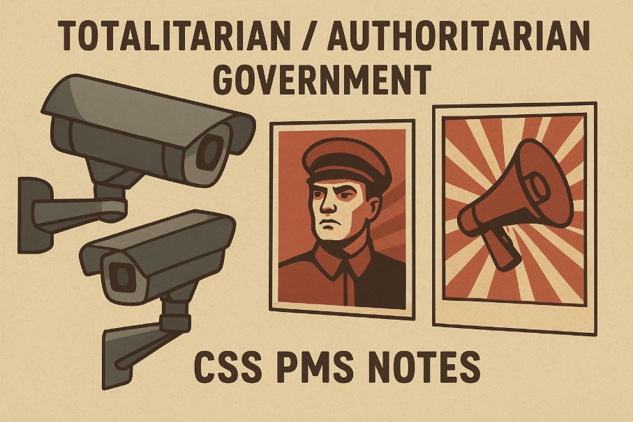 Totalitarian government, Authoritarian government, dictatorship, political control, state surveillance, security cameras, propaganda posters, censorship, oppression, lack of freedom, one-party rule, political power, total control, government authority, military regime, strict laws, government propaganda, totalitarian regime, authoritarian leader, social control, propaganda art, political poster, CSS PMS Notes, educational illustration, political system, political education, types of government, political science, government structure, totalitarianism, authoritarianism.