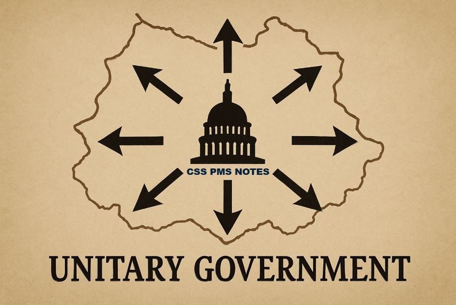 unitary government, centralized authority, single national government, power flows from center to regions, no division of sovereignty, strong central control, administrative units, uniform policies, national laws, centralized decision making, local governments subordinate, capital city, distribution of power, political unity, administrative efficiency, national integration, top-down governance, one constitution, central parliament, reduced regional autonomy, unified legal system, centralized administration, consistent national policies, lack of federalism, power concentration, uniform governance structure, single political framework, state governance model, centralized political system, CSS PMS Notes.