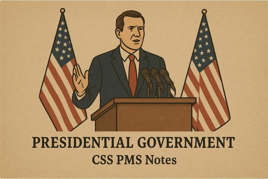 presidential government, separation of powers, executive authority, independent legislature, fixed term, head of state, head of government, direct election, accountability to people, strong executive, checks and balances, independent judiciary, cabinet system, policy making, democratic governance, constitutional framework, political stability, centralized leadership, individual responsibility, popular mandate, separation of executive and legislature, administrative control, leadership role, democratic representation, national unity, constitutional democracy, political independence, executive powers, governance model, CSS PMS Notes.
