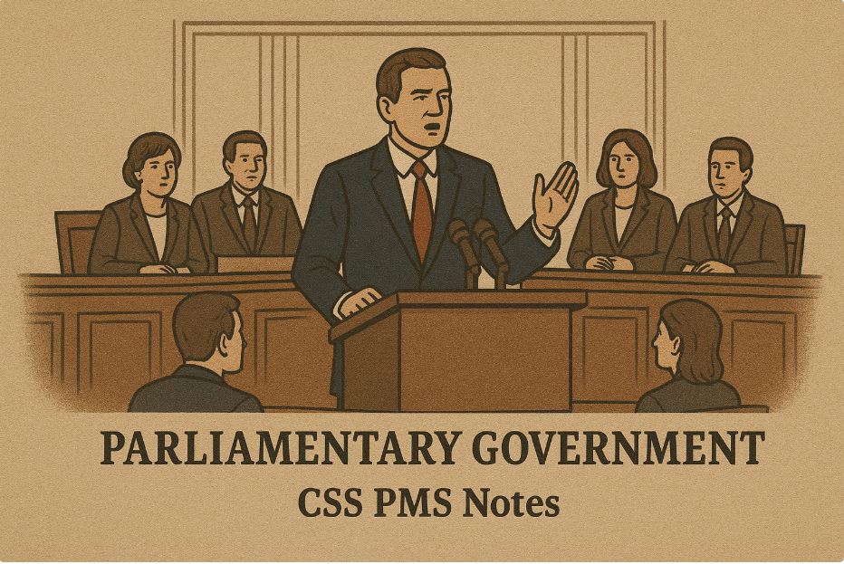 parliamentary government, fusion of powers, prime minister, cabinet system, collective responsibility, legislature supremacy, elected representatives, political accountability, majority rule, question hour, opposition parties, parliamentary debate, coalition government, executive derived from legislature, confidence of the house, head of state, head of government, democratic process, ministerial responsibility, law making, political stability, legislative control, cabinet meetings, parliamentary democracy, representative government, constitutional framework, multiparty system, governance through consensus, national assembly, CSS PMS Notes.