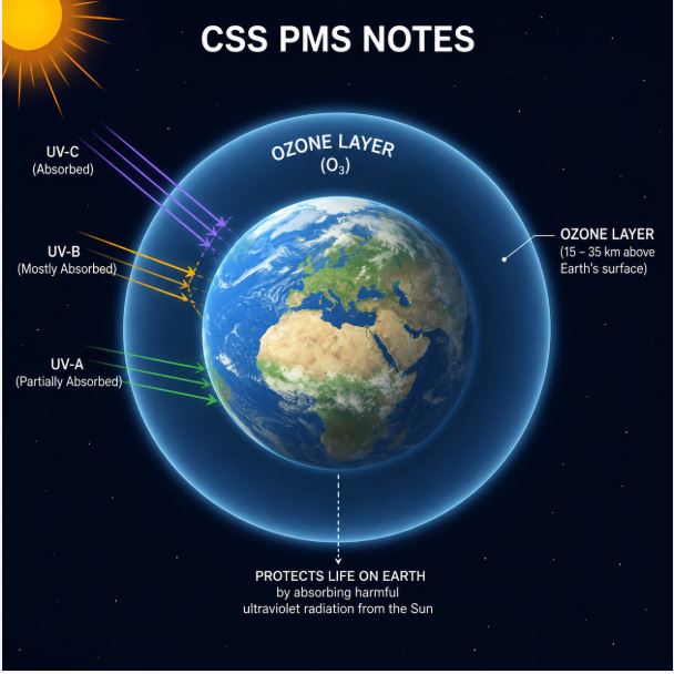 Educational diagram showing Earth surrounded by the ozone layer, with the Sun sending UV-A, UV-B, and UV-C radiation toward Earth. The diagram explains how the ozone layer absorbs harmful ultraviolet radiation and protects life on Earth. It is labeled “CSS PMS NOTES” and highlights the ozone layer’s location in the stratosphere, approximately 15–35 km above Earth’s surface.
