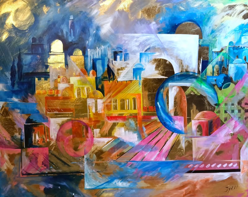 Jerusalem , Radiant Echoes (Original textured canvas – 120 x 150 cm / 47 x 59 in)