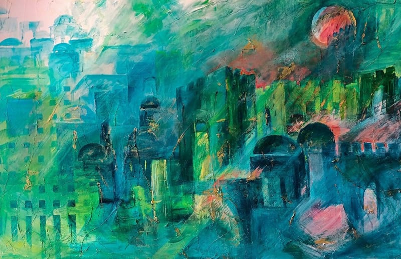 "Magic on Holyland" (Original mixed media on canvas – 120 x 80 cm / 47 x 31 in)