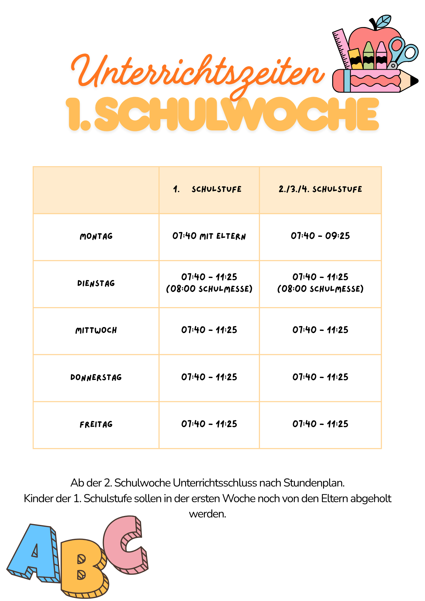 Unterrichtszeiten 1. Schulwoche